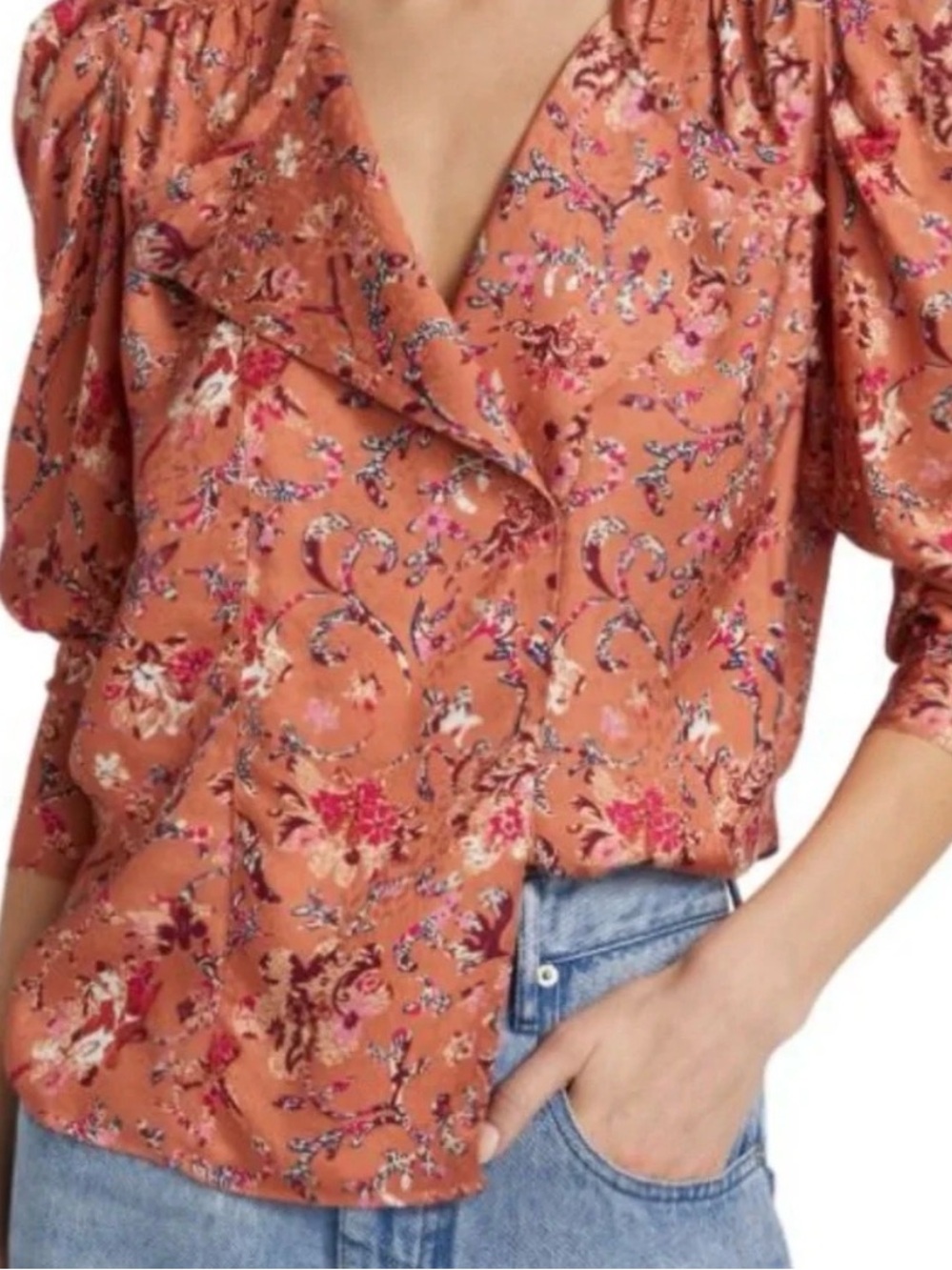 Isabel Marant Étoile Benson Floral Blouse Papaya Pink FR 44 US 12 Boho